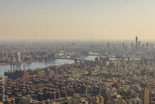 Beautiful aerial view of Hudson river in Manhattan against backdrop of skyscrapers of cityscape. New York. USA. 