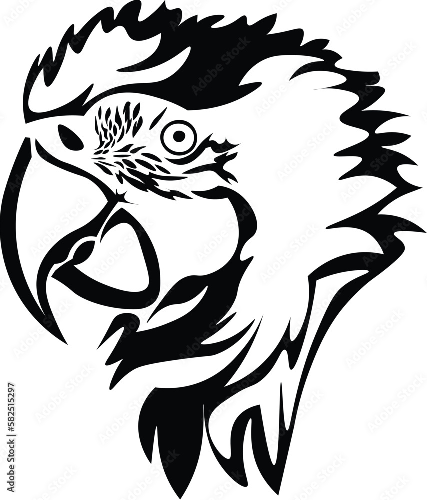 Fototapeta premium Black and White Cartoon Illustration Vector of a Parrots Head and Beak
