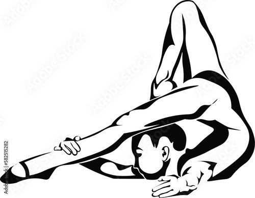 Black and White Cartoon Illustration Vector of a Woman Stretching in Yoga Pose