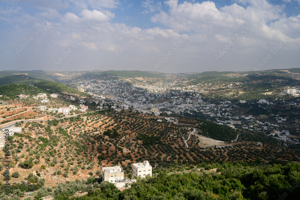 Ajloun Cityscape or Townscape in Jordan Birds Eye View between Hills with Olive Trees