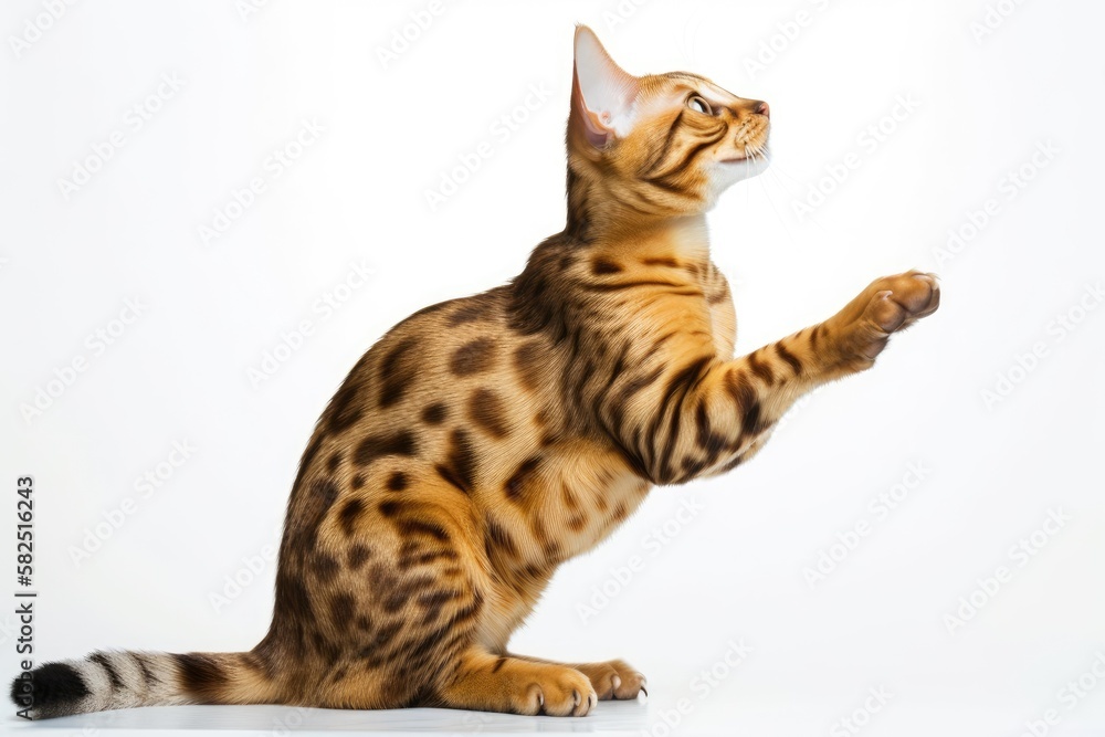 Bengal cat with raised paws sitting on a white background. Generative AI Bengal cat with raised paws sitting on a white background. Generative AI