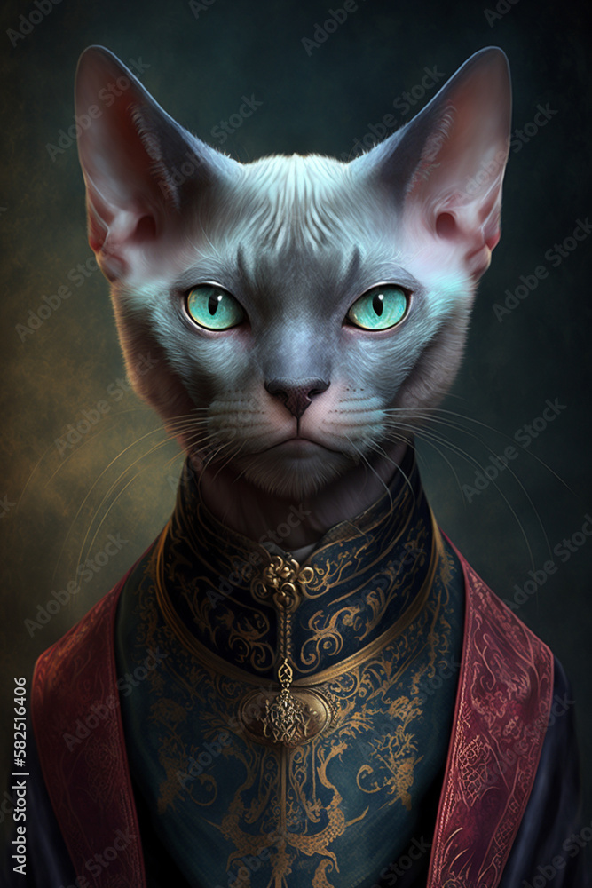 Portrait fantasy blue cat, blue gold red clothing, generative AI Portrait fantasy blue cat, blue gold red clothing, generative AI
