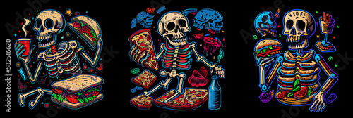 Happy skeleton eating fast food on black background. AI generative.