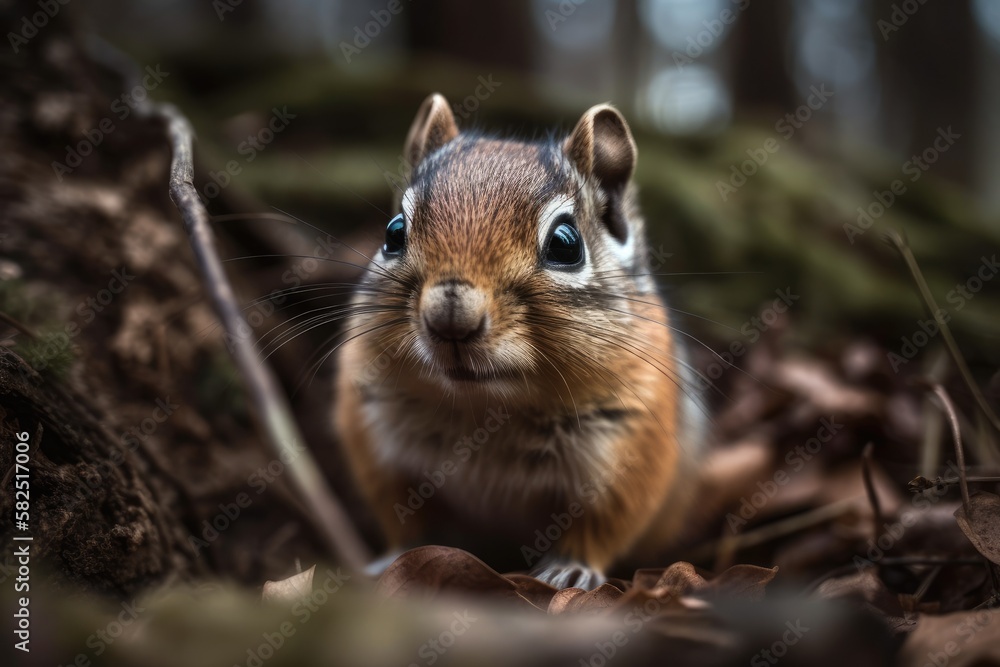 A chipmunk in close up in the spring. Generative AI A chipmunk in close up in the spring. Generative AI