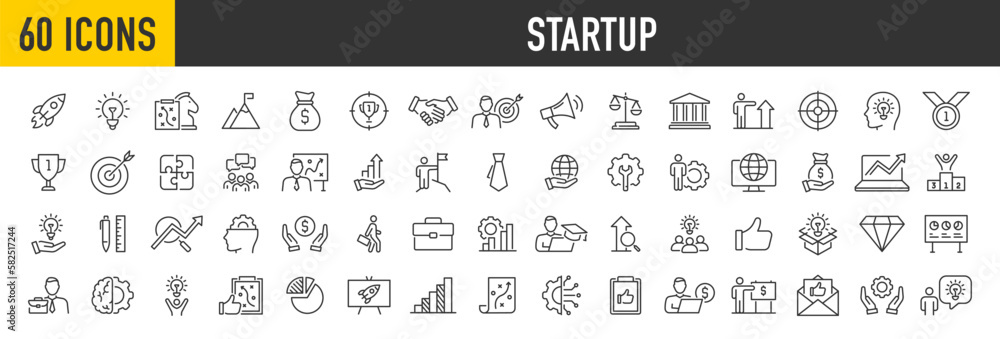 Set of 60 Startup web icons in line style. Business, Creative, idea, marketing, target, developement, collection. Vector illustration. Set of 60 Startup web icons in line style. Business, Creative, idea, marketing, target, developement, collection. Vector illustration.