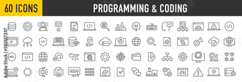 Set of 60 Programming and coding web icons in line style. Information technology, developer, idea, advertising, app, archive, collection. Vector illustration.