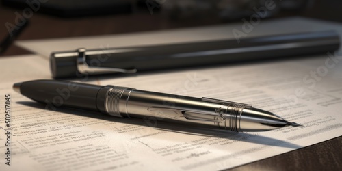 close-up of fountain pen or ballpoint pen with contract on table, generative ai