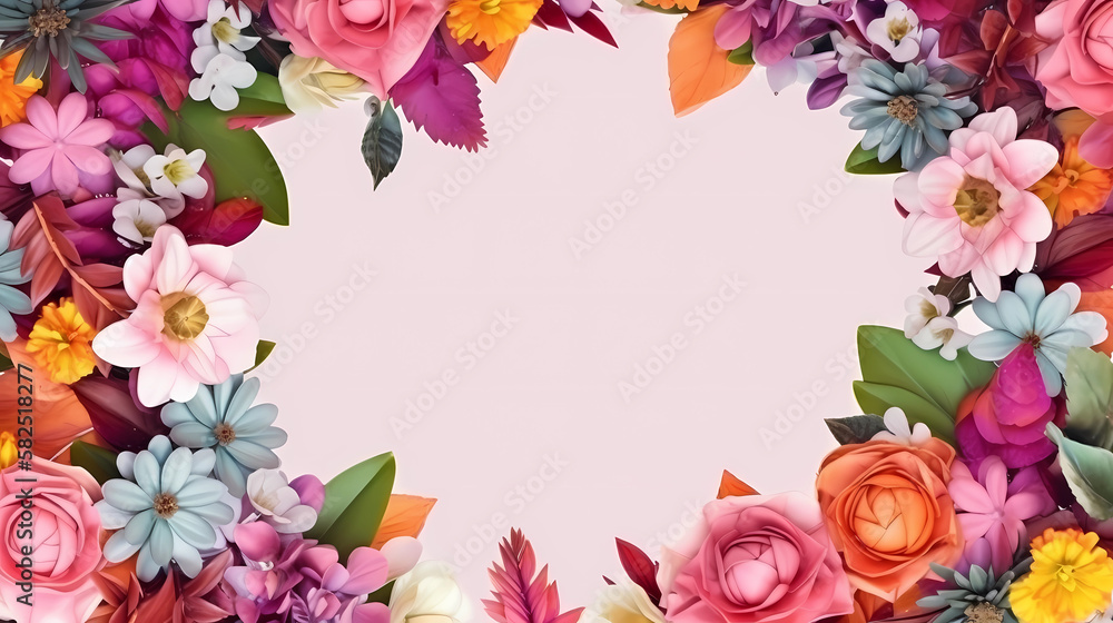 frame of spring flowers on a pink background. top view with copy space. Generative AI