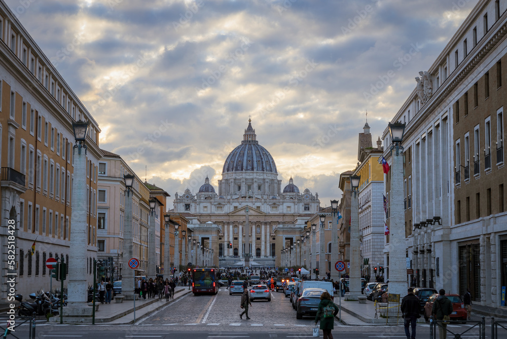 Rome, Italy - March 06 2023 - St. Peter's Basilica from Via della Conciliazione. Vatican City.
