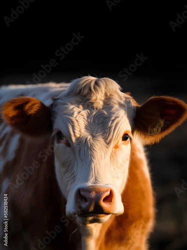 Telephoto portrait of a white and brown cow staring at the camera (ID: 582518434)