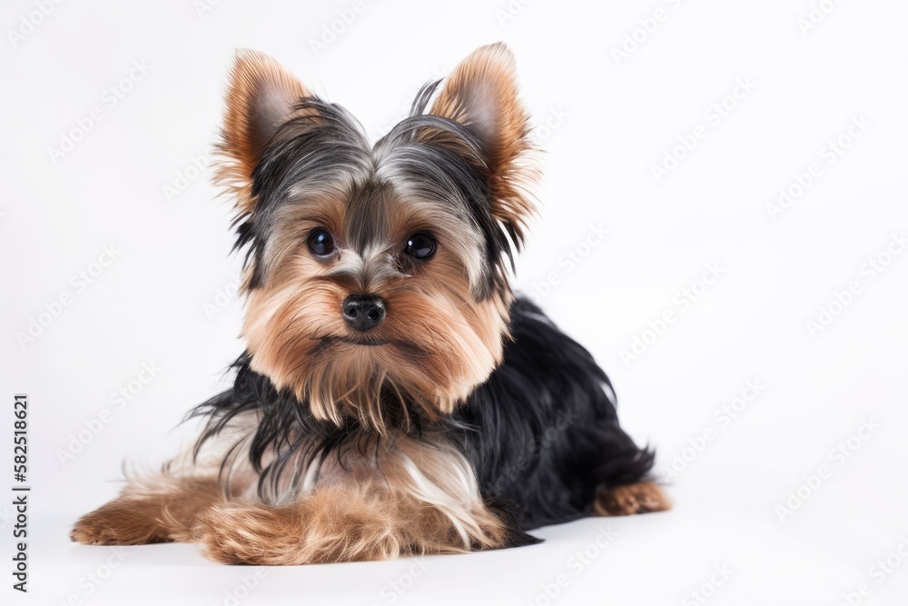 White background with a lovely yorkshire terrier puppy in a studio. Generative AI