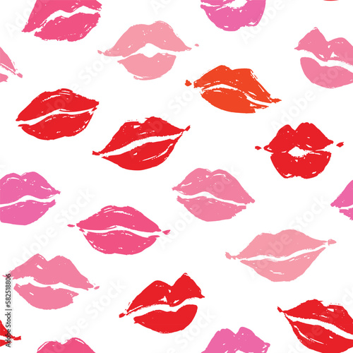 Seamless pattern with lips. Repeat design for textile and wrapping paper in pink and red colors with kissing lips. Vector illustration.