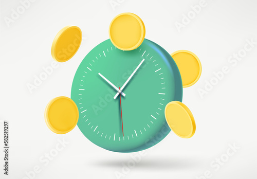 Clock with gold coins. 3d vector illustration