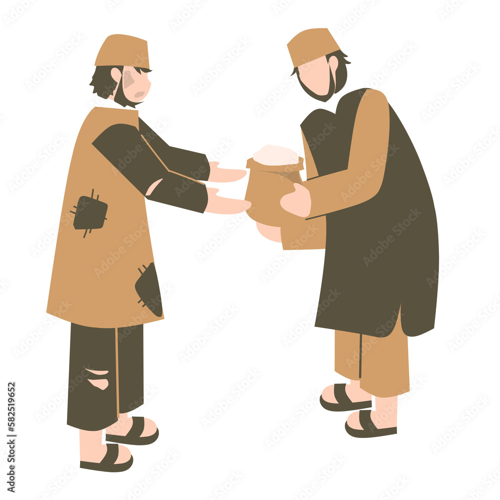 Muslim giving donation to poor people, lets pay zakat, ramadan illustration, donation illustration, giving donation to beggars