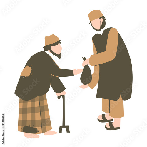 Muslim giving donation to poor people, lets pay zakat, ramadan illustration, donation illustration, giving donation to beggars photo