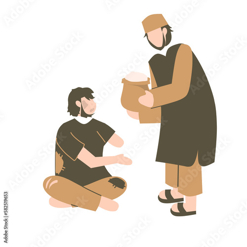 Muslim giving donation to poor people, lets pay zakat, ramadan illustration, donation illustration, giving donation to beggars
