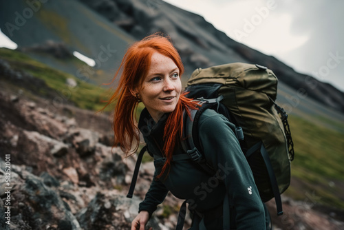 Portrait of a red-haired woman climbing the mountains, leaking in the mountains. Generative ai