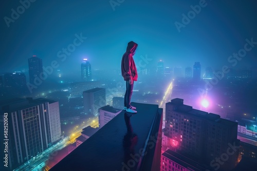 A man in a futuristic hooded jacket stands on top of a skyscraper on a blurred cyberpunk city panorama background with bright neon lights. Photorealistic Generative AI illustration. © Valeriy