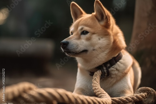 dog pulling the rope in a side view. Generative AI