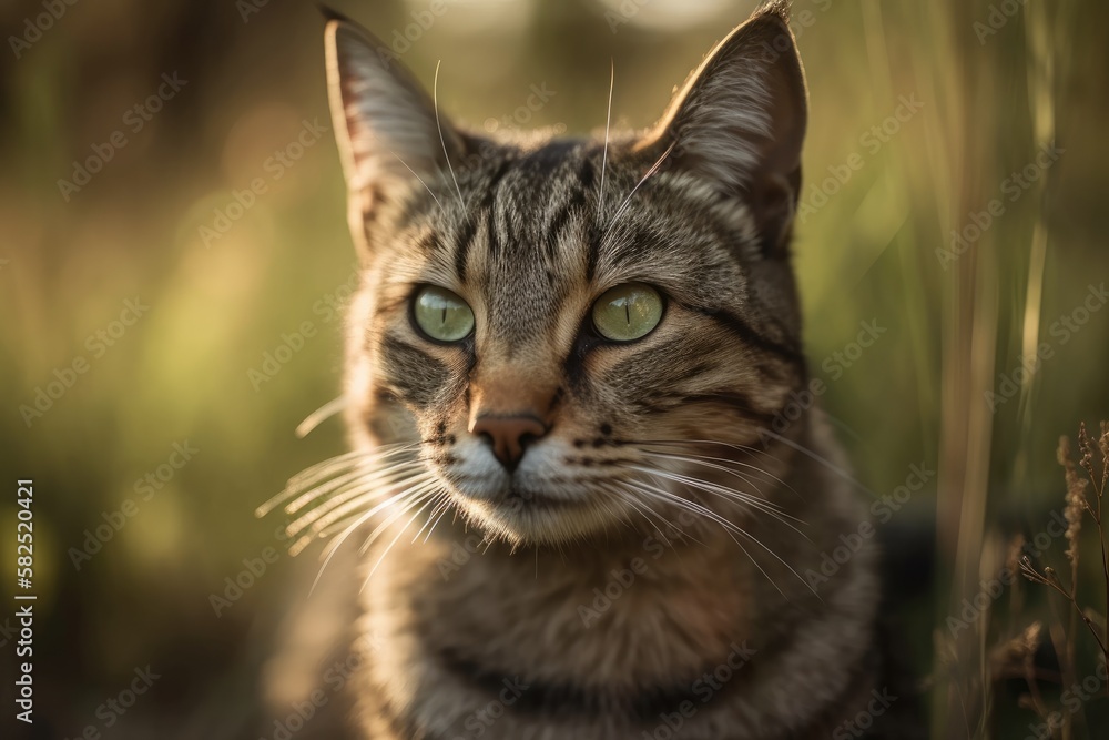 dawn light, a close up of a tabby cat's face, and a blurred background. Generative AI dawn light, a close up of a tabby cat's face, and a blurred background. Generative AI