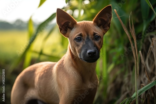 Thailand s countryside  with a brown dog. Generative AI