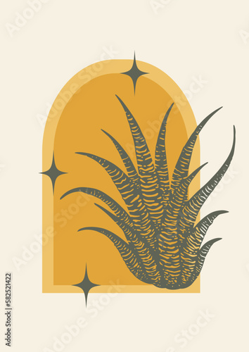 Minimalistic poster with arches and cactus illustration. Modern aesthetic art, desert vibes.