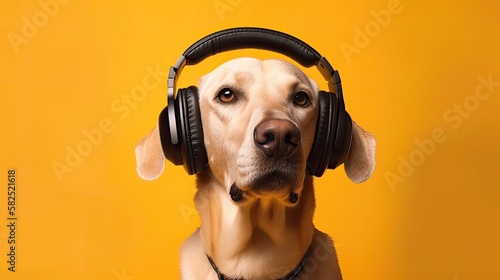 Dog with headphones, yellow studio background. Generative AI