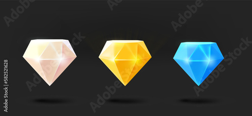 Different color gem icons collection. 3d vector isolated on black background