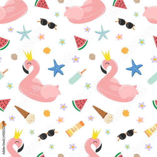 Seamless pattern with summer beach elements: flamingo inflatable circle, ice cream, sunglasses, starfish, watermelon and sea shells. Flat style vector image.
