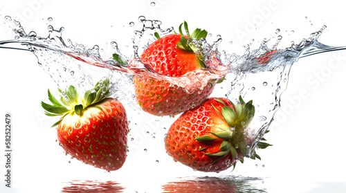Fresh strawberries falling in pure water