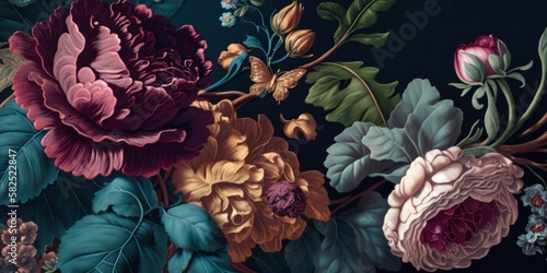 Fototapeta Naklejka Na Ścianę i Meble -  New baroque wallpaper of flowers in maximilist style and rich deep colors, roses and peonies background generative ai
