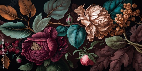 Fototapeta Naklejka Na Ścianę i Meble -  New baroque wallpaper of flowers in maximilist style and rich deep colors, roses and peonies background generative ai