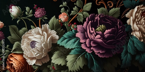 New baroque wallpaper of flowers in maximilist style and rich deep colors, roses and peonies background generative ai