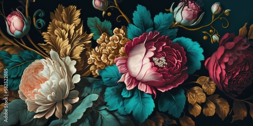Fototapeta Naklejka Na Ścianę i Meble -  New baroque wallpaper of flowers in maximilist style and rich deep colors, roses and peonies background generative ai