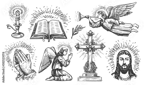 Holy Bible  praying hands  flying messenger angel  burning candle  Jesus Christ. Faith in God concept in sketch style