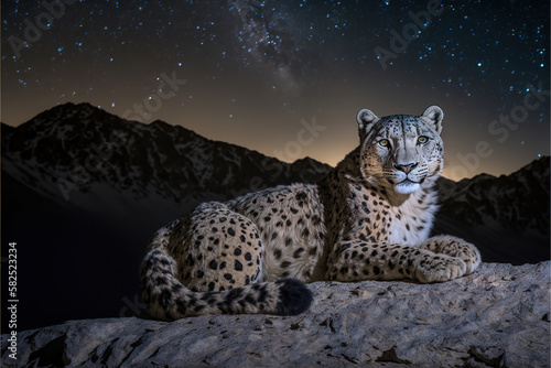 Snow leopard on the rock at night photo