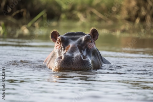 East African Hippopotamus in its natural environment. Generative AI