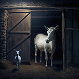 White donkey with lamb in the stable