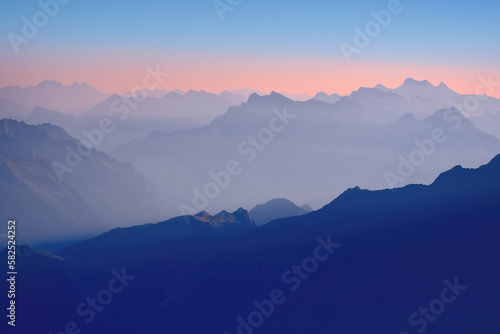 Fototapeta Naklejka Na Ścianę i Meble -  Amazing view on the Mont Blanc massif nature landscape in summer season at the sunrise. View from Aiguille du midi , Chamonix, Haute Savoie, France.