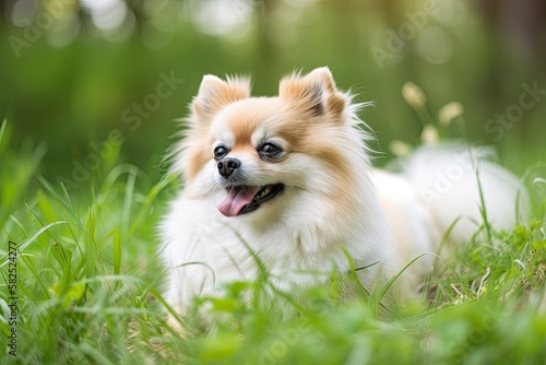 A pomeranian canine is relaxing on some grass. Generative AI