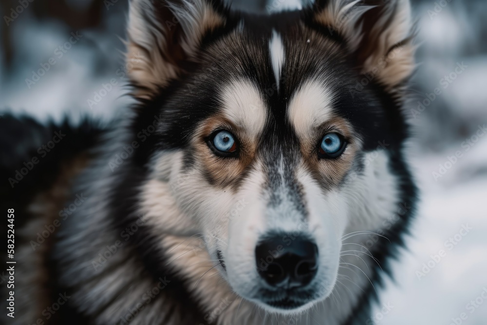 a some of a Siberian dog's facial features. pleased muzzle Slavic husky. Husky dog up close. The dog has elastic, silky fur. selection emphasis. Generative AI