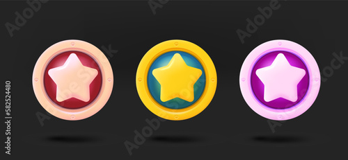 Different metal achievement star icons collection. 3d vector isolated on black background