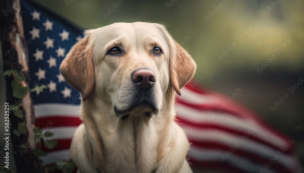 Happy labrador retriever dog with American flag in beautiful nature background generative ai Happy labrador retriever dog with American flag in beautiful nature background generative ai