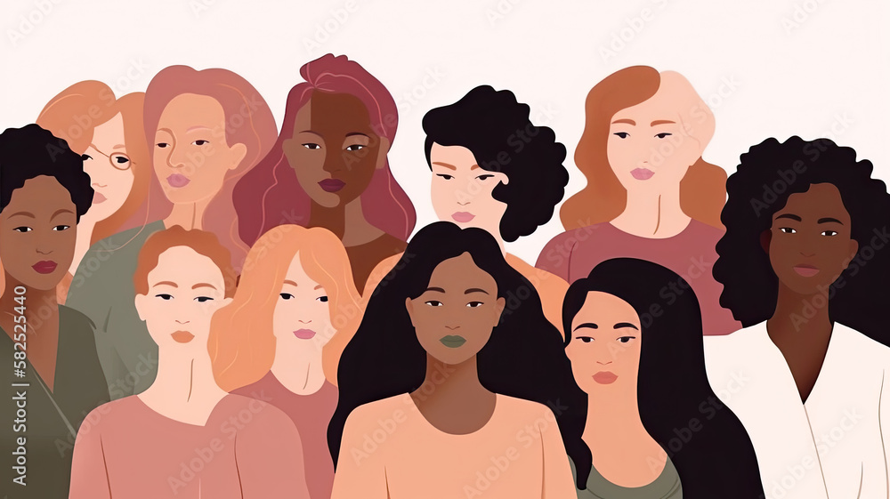 illustration of a diverse group of women on a white background, each with different body types and poses, promoting empowerment. Generative AI illustration of a diverse group of women on a white background, each with different body types and poses, promoting empowerment. Generative AI