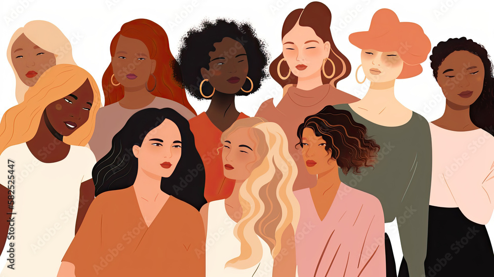 illustration of a diverse group of women on a white background, each with different body types and poses, promoting empowerment. Generative AI illustration of a diverse group of women on a white background, each with different body types and poses, promoting empowerment. Generative AI