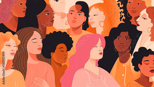 illustration of a diverse group of women on a white background, each with different body types and poses, promoting empowerment. Generative AI