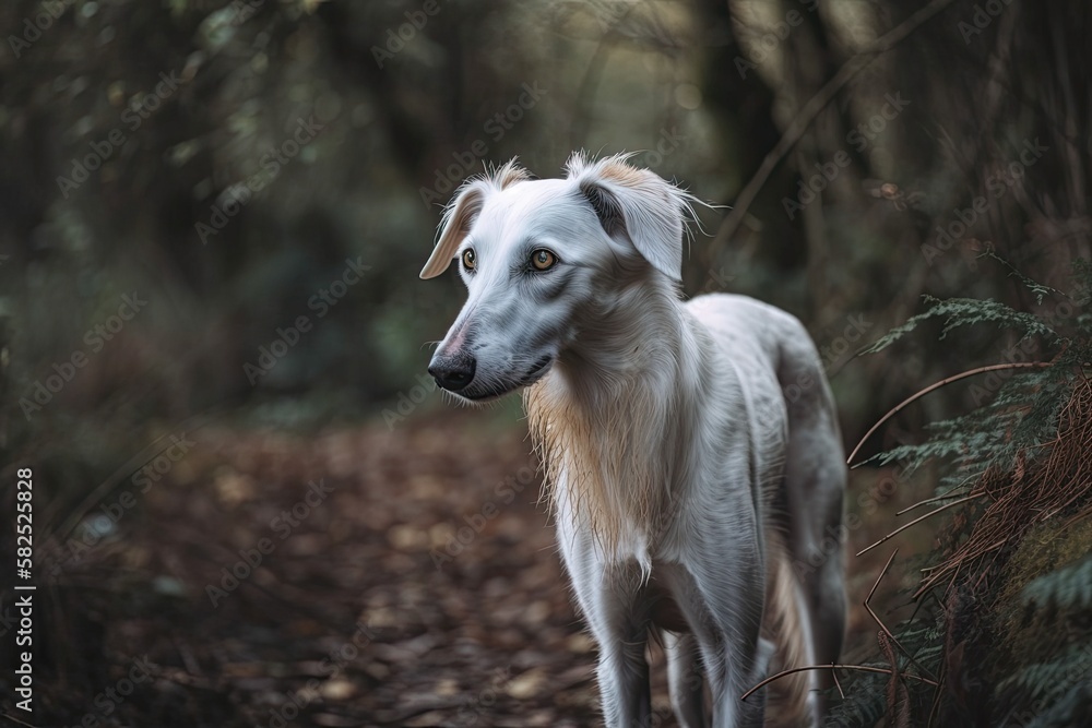 white purebred dog A muzzled Saluki sighthound or gazehound running freely in the wilderness. A Persian Greyhound taking in the fresh air. taking a stroll in a woodland and gravel quarry. Generative white purebred dog A muzzled Saluki sighthound or gazehound running freely in the wilderness. A Persian Greyhound taking in the fresh air. taking a stroll in a woodland and gravel quarry. Generative