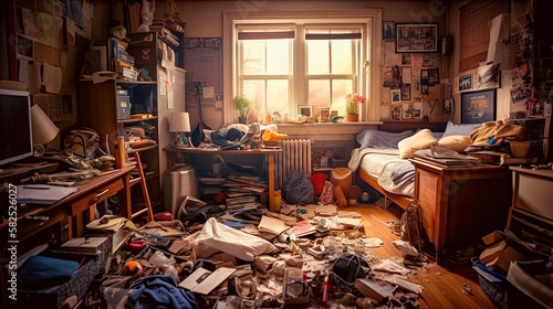 A very messy student bedroom that needs a deep cleaning.  Hoarding. (generative AI) photo