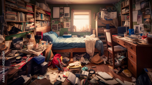 A very messy student bedroom that needs a deep cleaning. Hoarding. (generative AI)