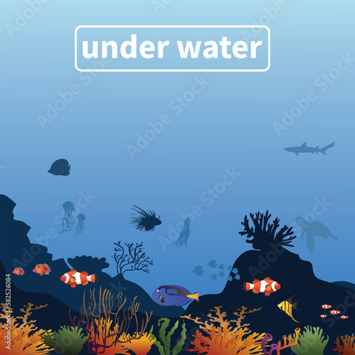 coral reef with fish underwater on a blue sea background. Vector ocean panoramic illustration.